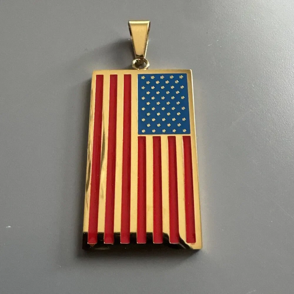 American Flag Pendant Gold Plated Stainless Steel 24” Chain USA America Gift